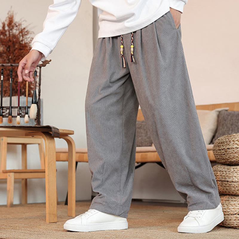 Pantalones de pana con cordón y bolsillos para hombre, color liso, otoño e invierno, de Buddha Stones - image 8