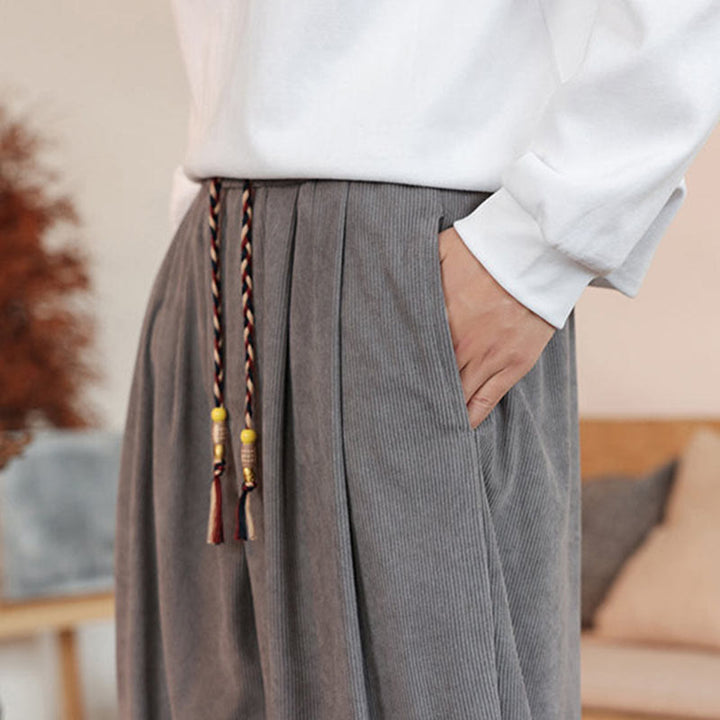 Pantalones de pana con cordón y bolsillos para hombre, color liso, otoño e invierno, de Buddha Stones - image 10