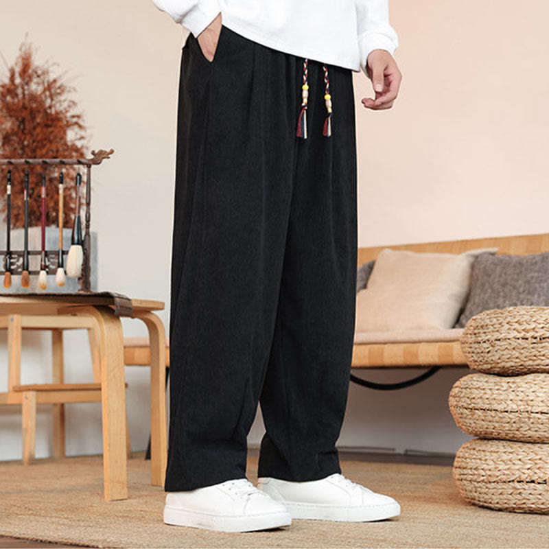 Pantalones de pana con cordón y bolsillos para hombre, color liso, otoño e invierno, de Buddha Stones - image 16