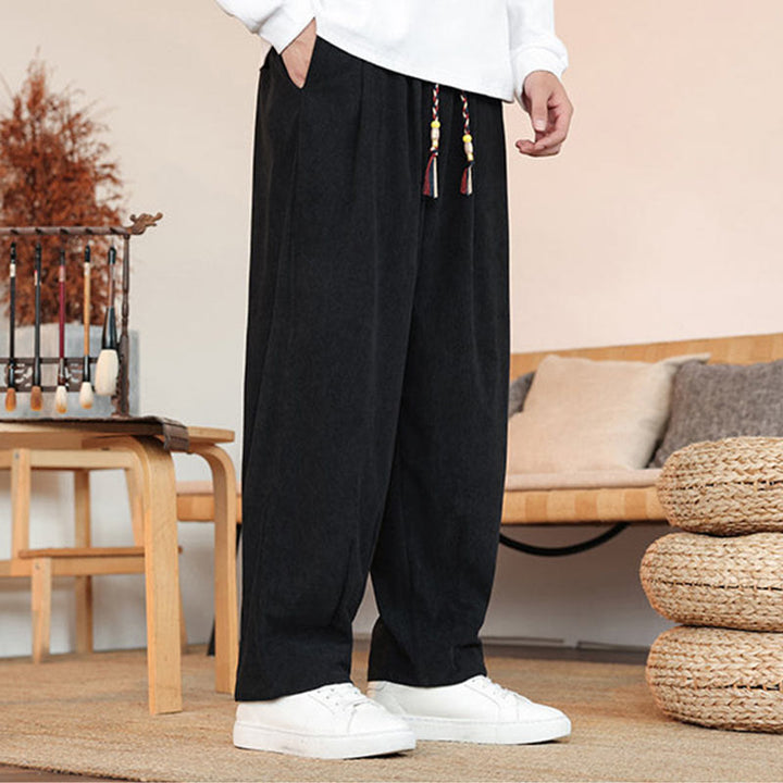 Pantalones de pana con cordón y bolsillos para hombre, color liso, otoño e invierno, de Buddha Stones - image 16