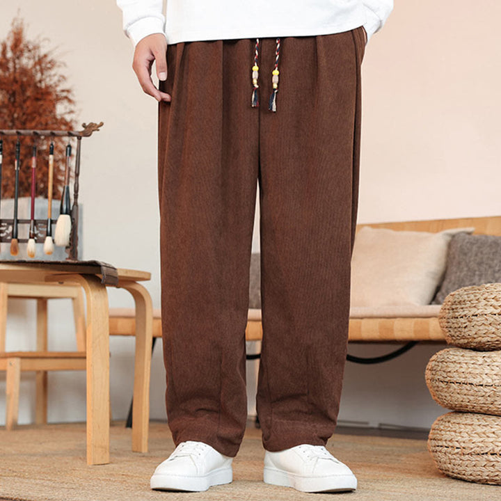 Pantalones de pana con cordón y bolsillos para hombre, color liso, otoño e invierno, de Buddha Stones - image 24