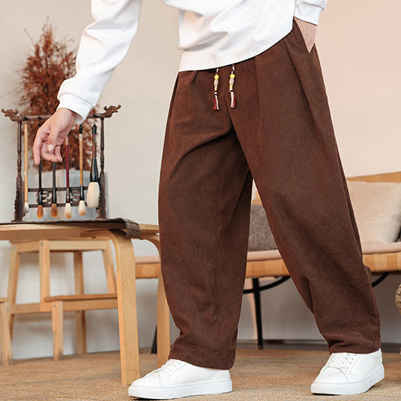 Pantalones de pana con cordón y bolsillos para hombre, color liso, otoño e invierno, de Buddha Stones - image 30