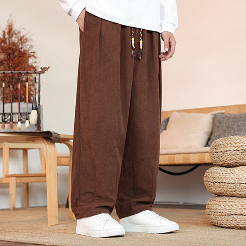 Pantalones de pana con cordón y bolsillos para hombre, color liso, otoño e invierno, de Buddha Stones - image 25