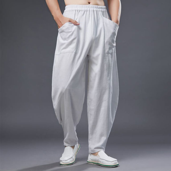 Pantalones harén de lino y algodón con ramio de color liso con cintura elástica y bolsillos para hombre de Buddha Stones - Blanco - US/UK/AU38, EU48 (XL) - image 0