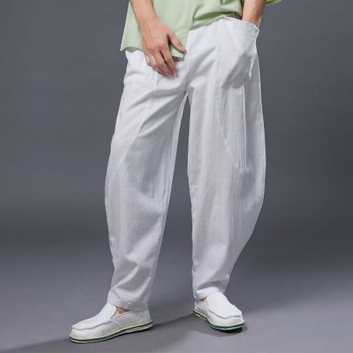 Pantalones harén de lino y algodón con ramio de color liso con cintura elástica y bolsillos para hombre de Buddha Stones