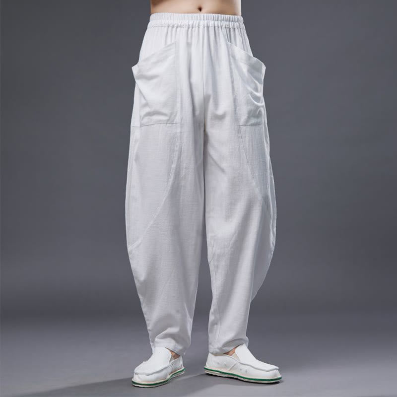 Pantalones harén de lino y algodón con ramio de color liso con cintura elástica y bolsillos para hombre de Buddha Stones