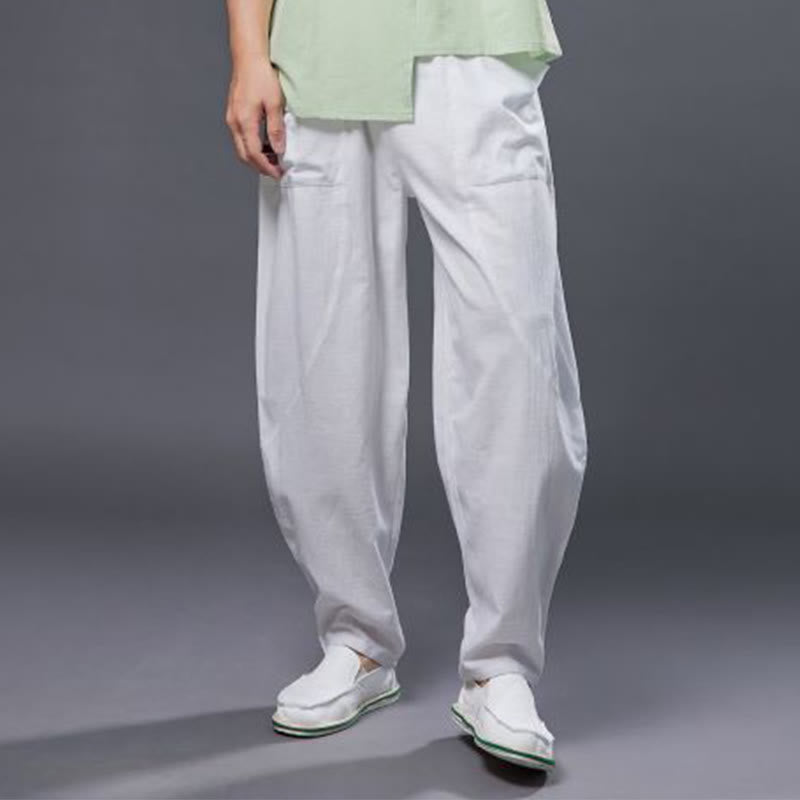 Pantalones harén de lino y algodón con ramio de color liso con cintura elástica y bolsillos para hombre de Buddha Stones - image 7