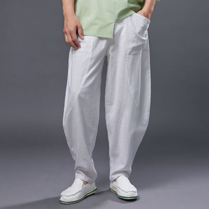 Pantalones harén de lino y algodón con ramio de color liso con cintura elástica y bolsillos para hombre de Buddha Stones - image 9