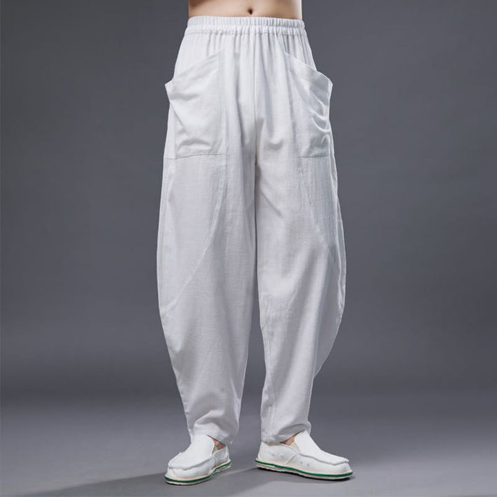 Pantalones harén de lino y algodón con ramio de color liso con cintura elástica y bolsillos para hombre de Buddha Stones - image 8