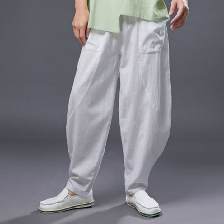 Pantalones harén de lino y algodón con ramio de color liso con cintura elástica y bolsillos para hombre de Buddha Stones - image 6