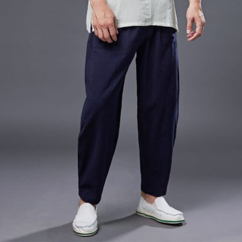 Pantalones harén de lino y algodón con ramio de color liso con cintura elástica y bolsillos para hombre de Buddha Stones - image 17