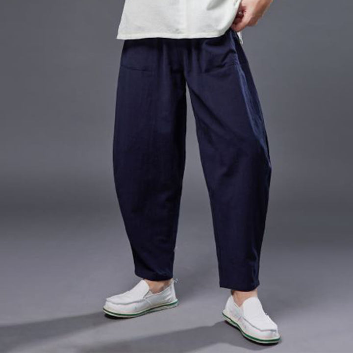 Pantalones harén de lino y algodón con ramio de color liso con cintura elástica y bolsillos para hombre de Buddha Stones