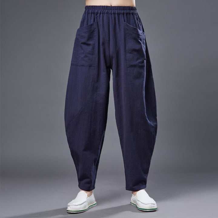 Pantalones harén de lino y algodón con ramio de color liso con cintura elástica y bolsillos para hombre de Buddha Stones