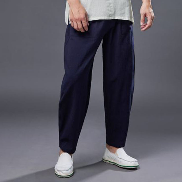Pantalones harén de lino y algodón con ramio de color liso con cintura elástica y bolsillos para hombre de Buddha Stones