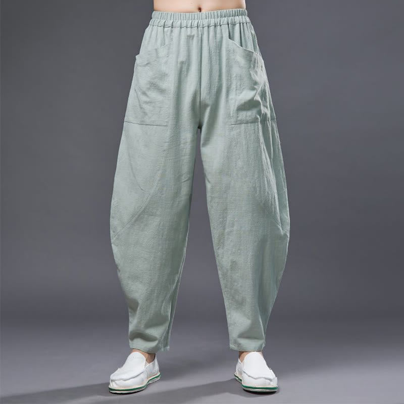 Pantalones harén de lino y algodón con ramio de color liso con cintura elástica y bolsillos para hombre de Buddha Stones - image 19