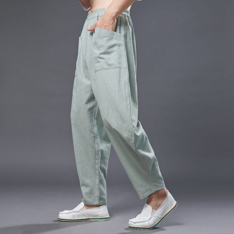 Pantalones harén de lino y algodón con ramio de color liso con cintura elástica y bolsillos para hombre de Buddha Stones