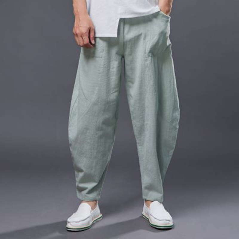 Pantalones harén de lino y algodón con ramio de color liso con cintura elástica y bolsillos para hombre de Buddha Stones