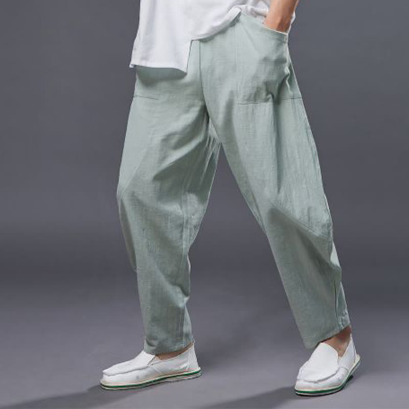 Pantalones harén de lino y algodón con ramio de color liso con cintura elástica y bolsillos para hombre de Buddha Stones