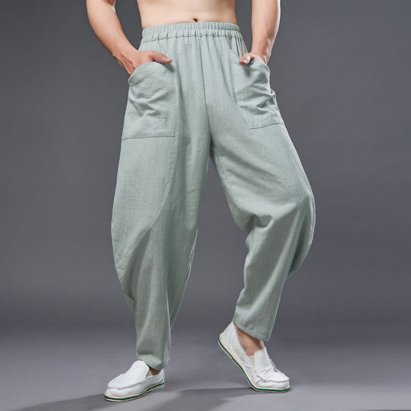 Pantalones harén de lino y algodón con ramio de color liso con cintura elástica y bolsillos para hombre de Buddha Stones - image 24