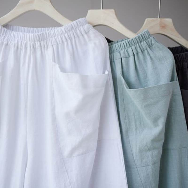 Pantalones harén de lino y algodón con ramio de color liso con cintura elástica y bolsillos para hombre de Buddha Stones - image 28