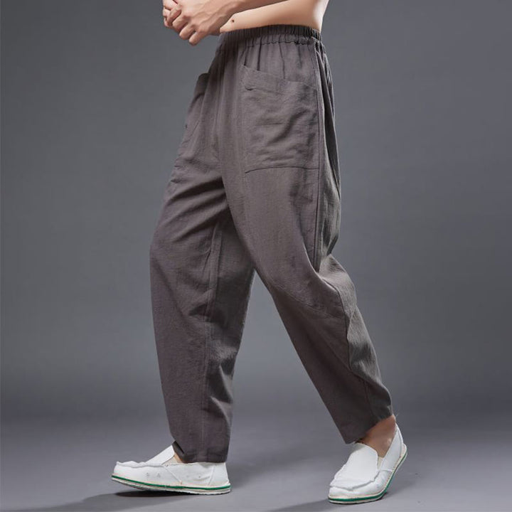 Pantalones harén de lino y algodón con ramio de color liso con cintura elástica y bolsillos para hombre de Buddha Stones
