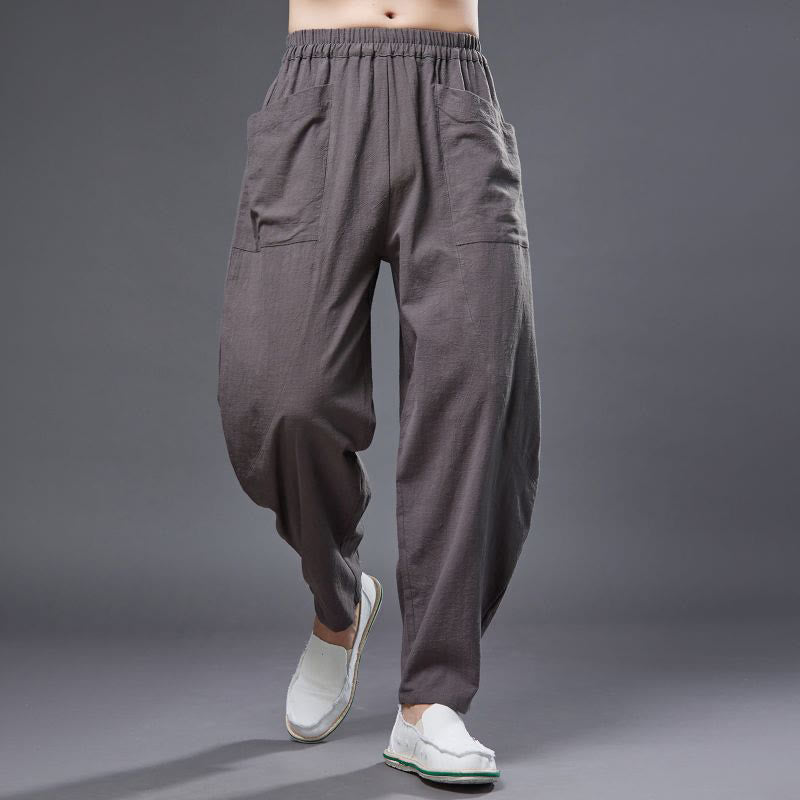 Pantalones harén de lino y algodón con ramio de color liso con cintura elástica y bolsillos para hombre de Buddha Stones