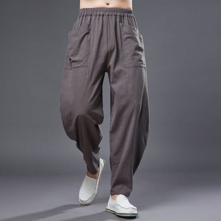 Pantalones harén de lino y algodón con ramio de color liso con cintura elástica y bolsillos para hombre de Buddha Stones - Broncearse - US/UK/AU38, EU48 (XL) - image 33