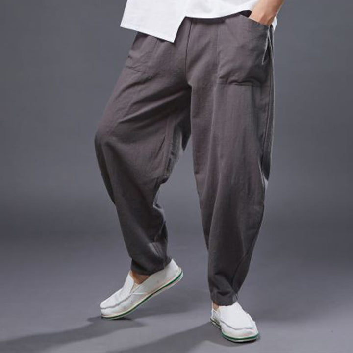 Pantalones harén de lino y algodón con ramio de color liso con cintura elástica y bolsillos para hombre de Buddha Stones
