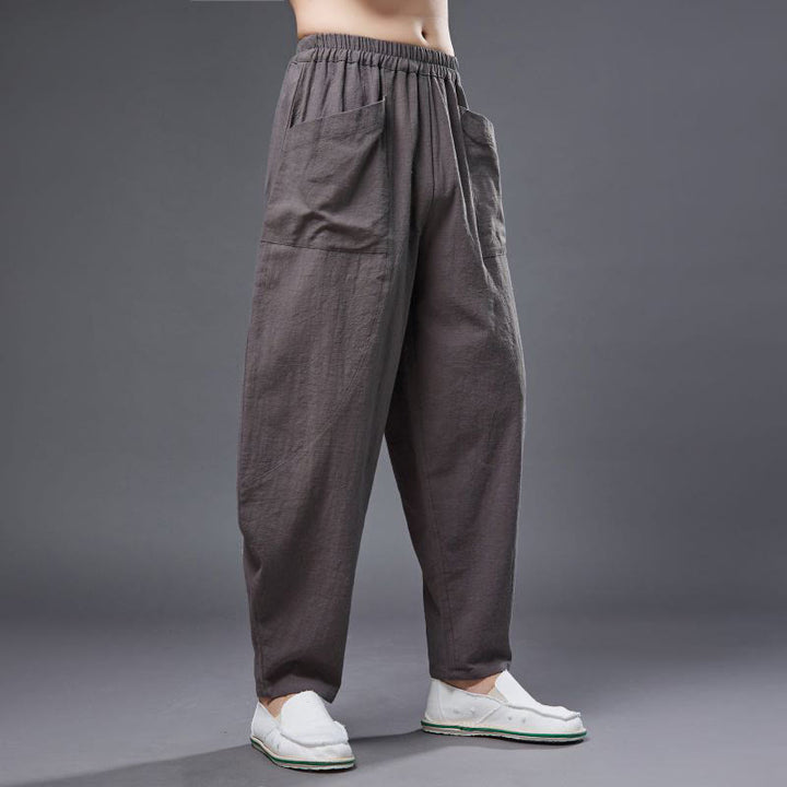 Pantalones harén de lino y algodón con ramio de color liso con cintura elástica y bolsillos para hombre de Buddha Stones - image 34