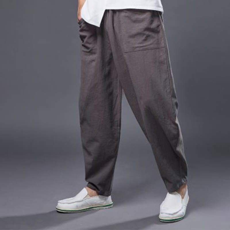 Pantalones harén de lino y algodón con ramio de color liso con cintura elástica y bolsillos para hombre de Buddha Stones - image 40