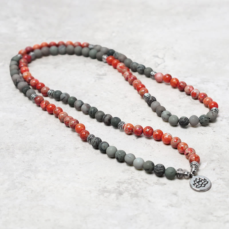 Buddha Stones 108 cuentas Mala piedra natural sedimento marino jaspe pulsera de protección de loto