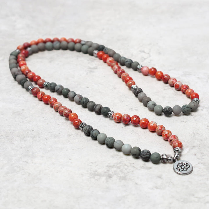 Buddha Stones 108 cuentas Mala piedra natural sedimento marino jaspe pulsera de protección de loto