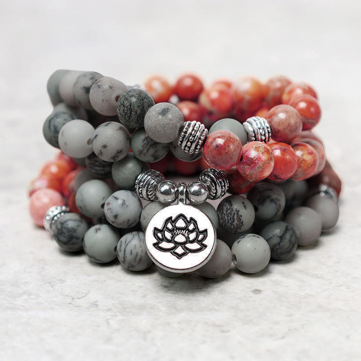 Buddha Stones 108 cuentas Mala piedra natural sedimento marino jaspe pulsera de protección de loto