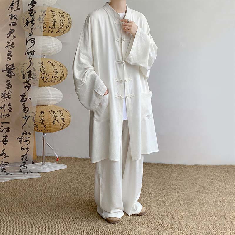 Conjunto de 2 Buddha Stones y pantalones de manga larga con botones de rana para hombre, de algodón, para meditación y zen - Blanco - US/UK/AU46, EU56 (5XL) - image 3