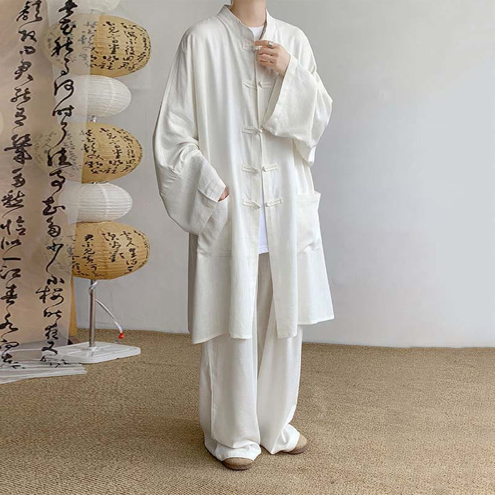 Conjunto de 2 Buddha Stones y pantalones de manga larga con botones de rana para hombre, de algodón, para meditación y zen - Blanco - US/UK/AU46, EU56 (5XL) - image 3