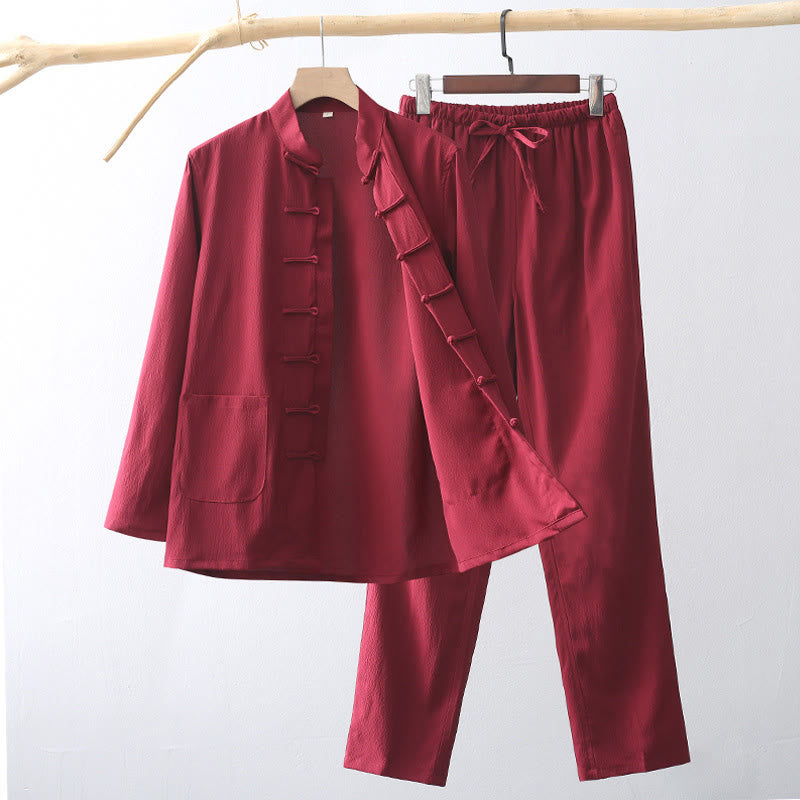 Conjunto de 2 piezas de camisa y pantalones de manga larga con botones de rana y traje tradicional de Tang con Buddha Stones para hombre - Carmesí - US/UK/AU44, EU54 (4XL) - image 14