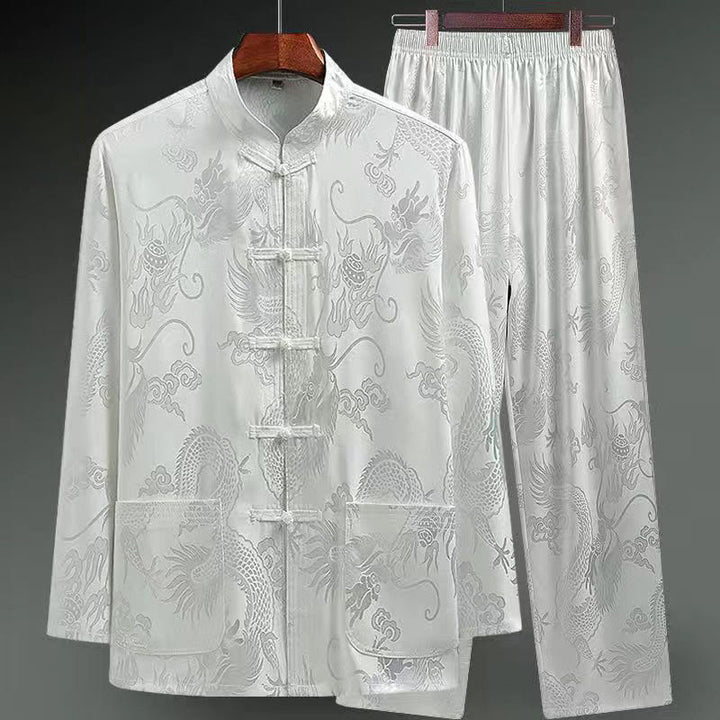 Conjunto de 2 piezas de camisa y pantalones de manga larga con botones de rana y dragón para hombre con Buddha Stones