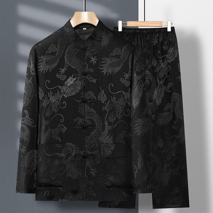 Conjunto de 2 piezas de camisa y pantalones de manga larga con botones de rana y dragón para hombre con Buddha Stones