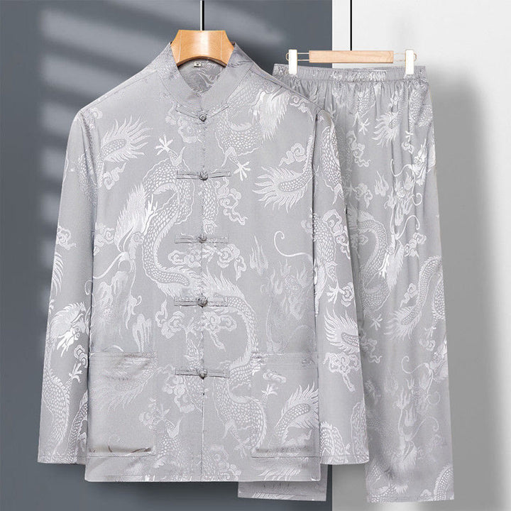Conjunto de 2 piezas de camisa y pantalones de manga larga con botones de rana y dragón para hombre con Buddha Stones