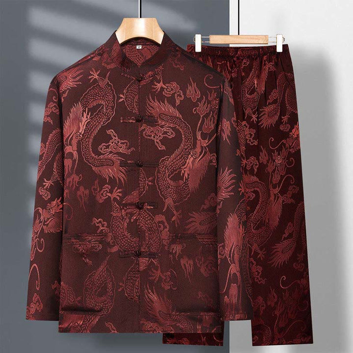 Conjunto de 2 piezas de camisa y pantalones de manga larga con botones de rana y dragón para hombre con Buddha Stones