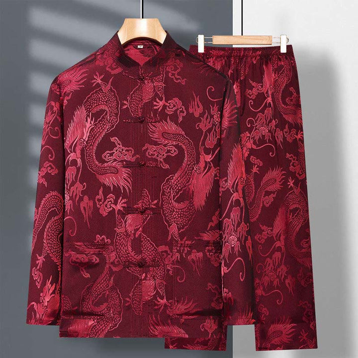 Conjunto de 2 piezas de camisa y pantalones de manga larga con botones de rana y dragón para hombre con Buddha Stones