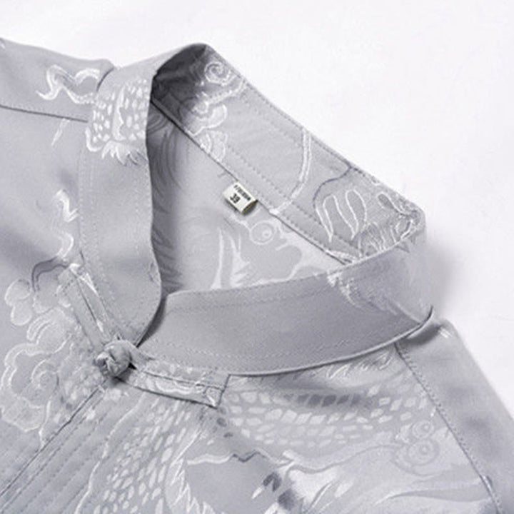 Conjunto de 2 piezas de camisa y pantalones de manga larga con botones de rana y dragón para hombre con Buddha Stones