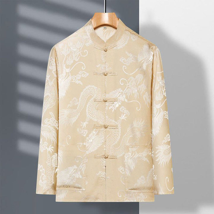 Conjunto de 2 piezas de camisa y pantalones de manga larga con botones de rana y dragón para hombre con Buddha Stones