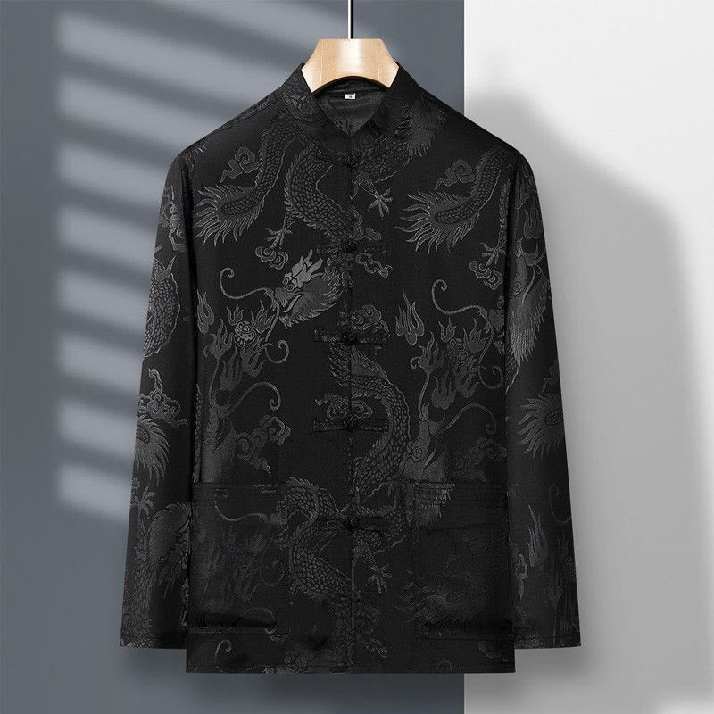Conjunto de 2 piezas de camisa y pantalones de manga larga con botones de rana y dragón para hombre con Buddha Stones