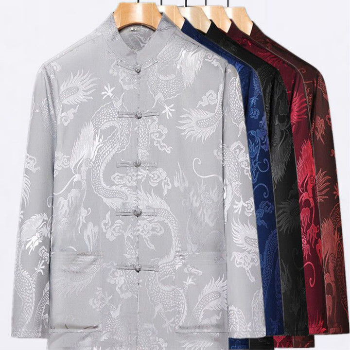 Conjunto de 2 piezas de camisa y pantalones de manga larga con botones de rana y dragón para hombre con Buddha Stones