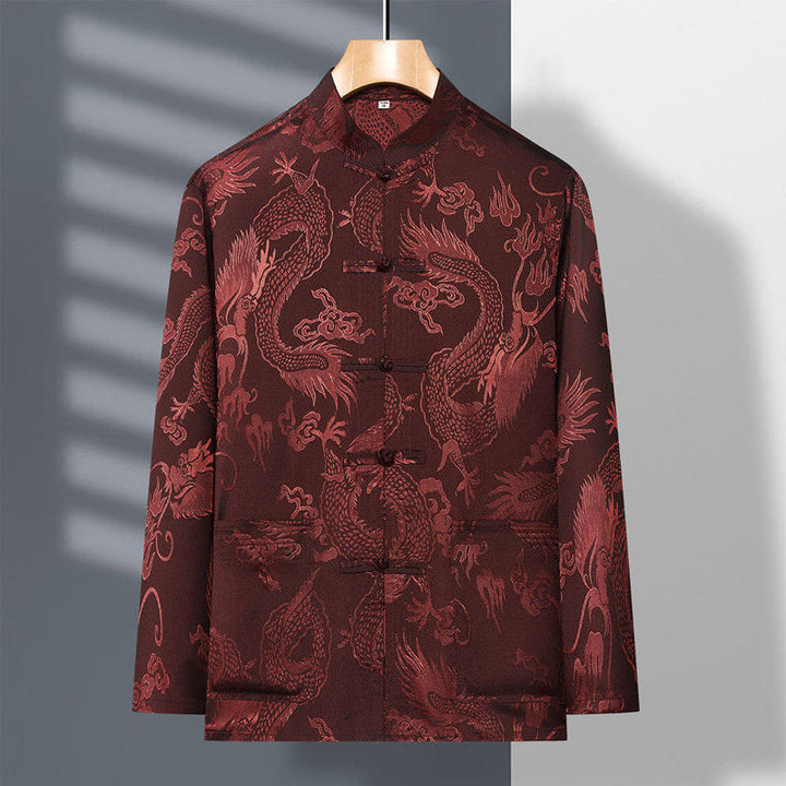 Conjunto de 2 piezas de camisa y pantalones de manga larga con botones de rana y dragón para hombre con Buddha Stones