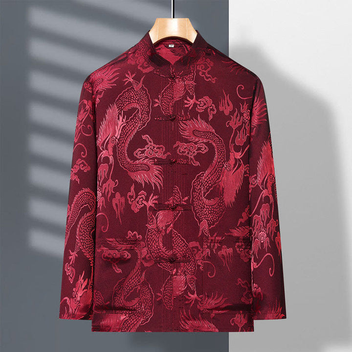 Conjunto de 2 piezas de camisa y pantalones de manga larga con botones de rana y dragón para hombre con Buddha Stones