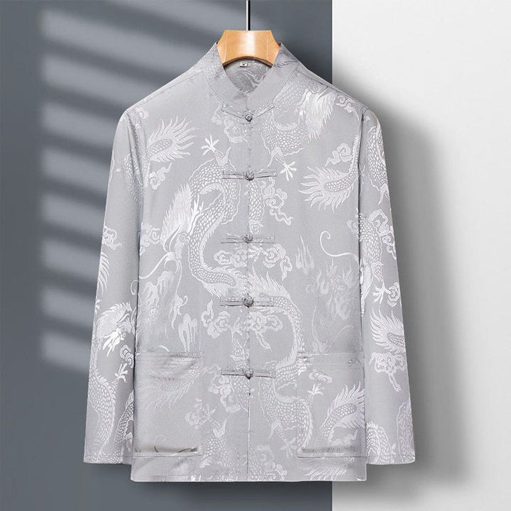 Conjunto de 2 piezas de camisa y pantalones de manga larga con botones de rana y dragón para hombre con Buddha Stones