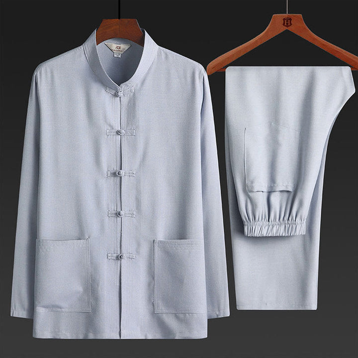 Conjunto de 2 piezas de traje Tang con botones de rana y camisa de manga larga para hombre, color liso, con Buddha Stones - Gris claro - Juego de 2 piezas - US/UK/AU42, UE52 (4XL) - image 3