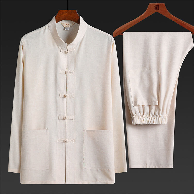Conjunto de 2 piezas de traje Tang con botones de rana y camisa de manga larga para hombre, color liso , con Buddha Stones - Lino - Juego de 2 piezas - US/UK/AU44, EU54 (4XL) - image 18